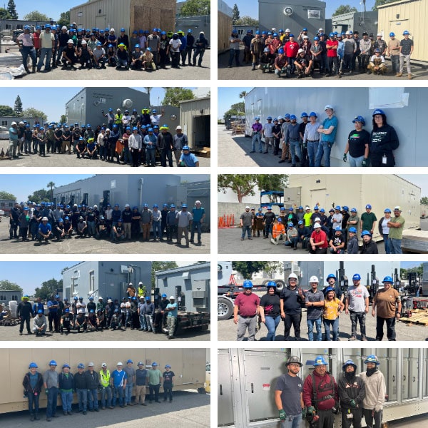 Collage of Crown employees in front of the 10 shipped control and switchgear enclosures in June 2024 to projects all over the USA